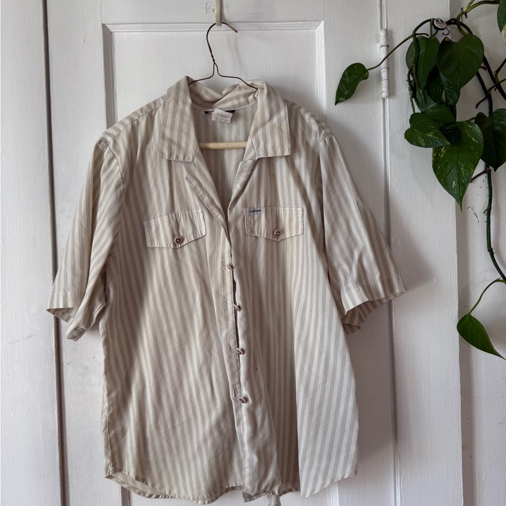 Cabrais size 18 Casual Beige Striped Button-Down Shirt